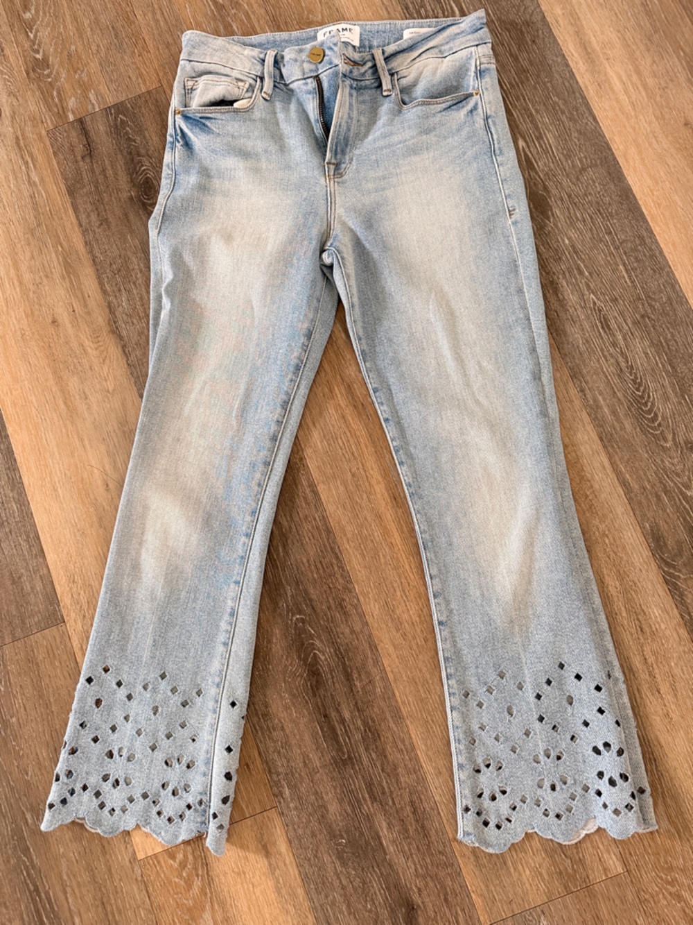 Frame Denim Light Blue Flare Jeans with Scalloped Laser-Cut Hem